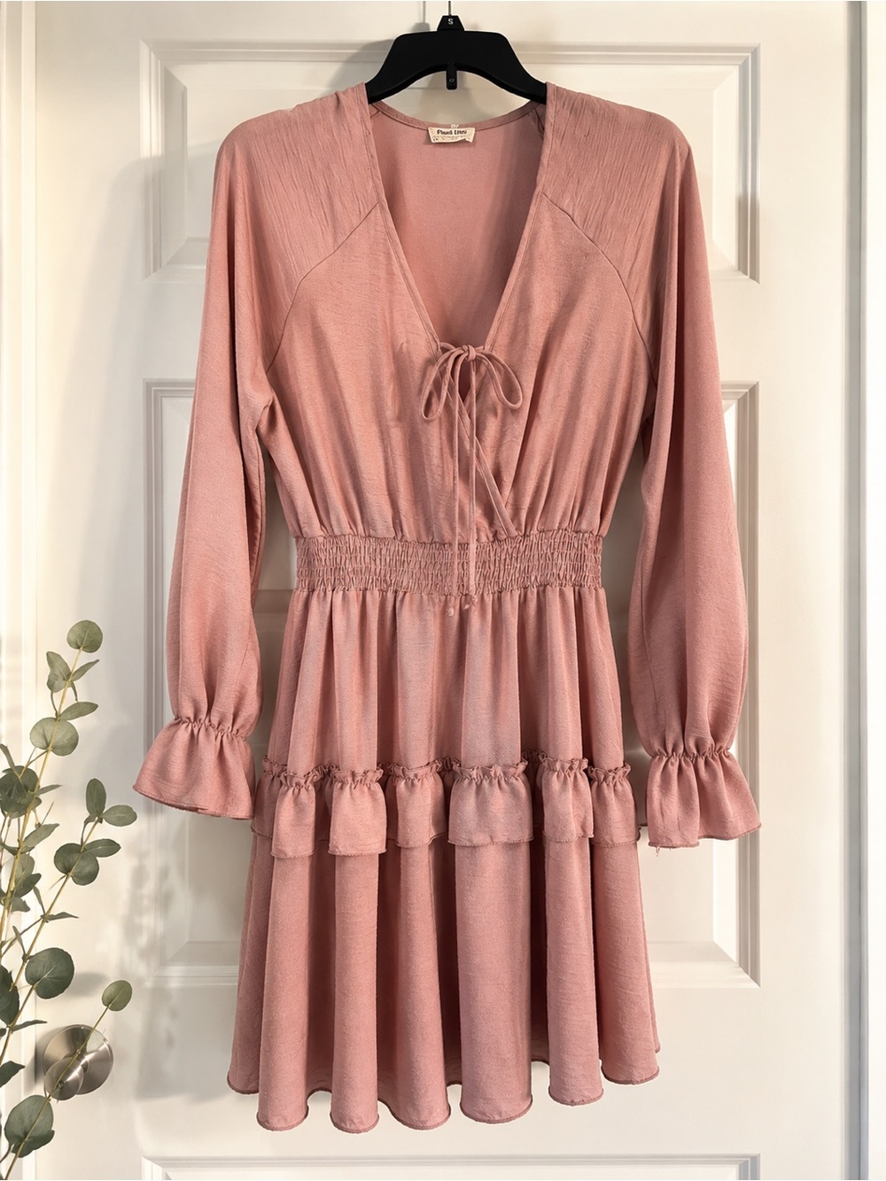 Peach Love California Blush Pink Long-Sleeve Tie-Front Ruffle Mini Dress